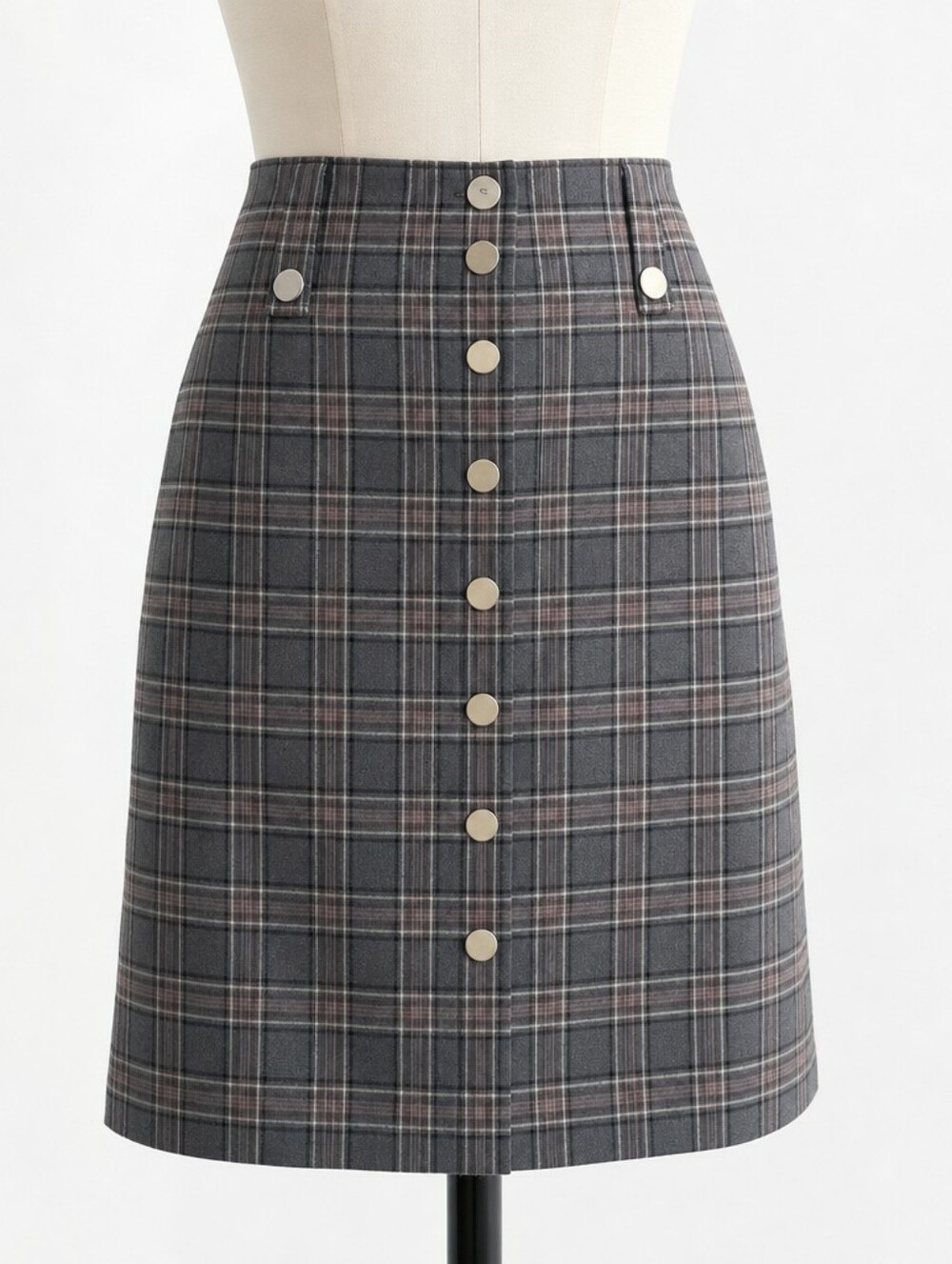 WORTH New York Gray Brown Plaid Snap‑Front Skirt | Size 4 Cotton Blend